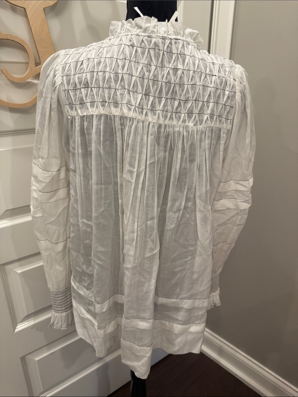 Anthropologie White Smocked Peasant Tunic with Navy Tie - Picture 5 of 5